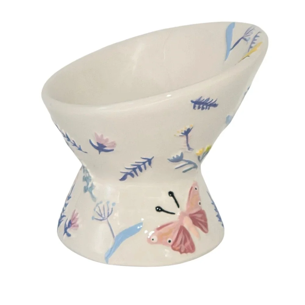 Mellow & Mod Raised Ceramic Cat Food Water Bowl‎ Butterfly Embossed Hand Painted